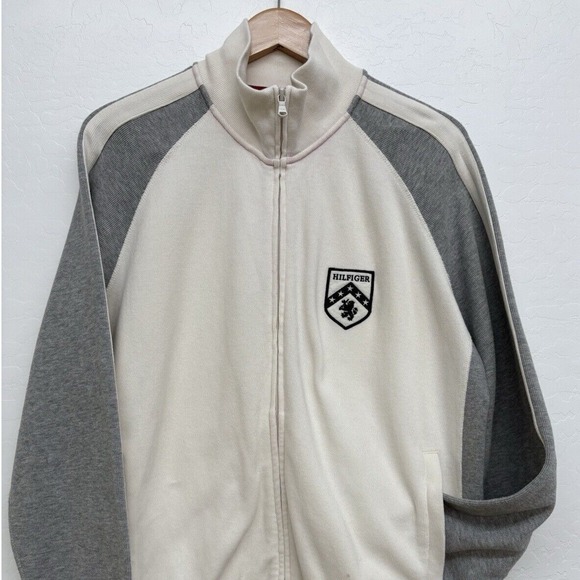 Vintage Tommy Hilfiger Sweater Full Zip Jacket White Grey Men's Size L‎ Flawed - Picture 1 of 7
